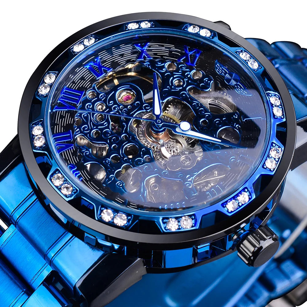 Winner Transparent Diamond Design Blue Mechanical Watch Men Stainless Steel Band Skeleton Watch Top Brand Luxury Luminous Clock