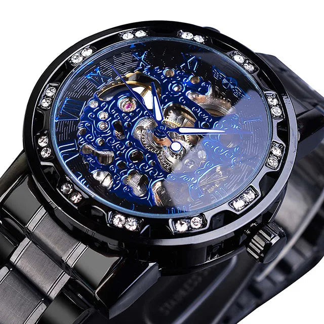 Winner Transparent Diamond Design Blue Mechanical Watch Men Stainless Steel Band Skeleton Watch Top Brand Luxury Luminous Clock