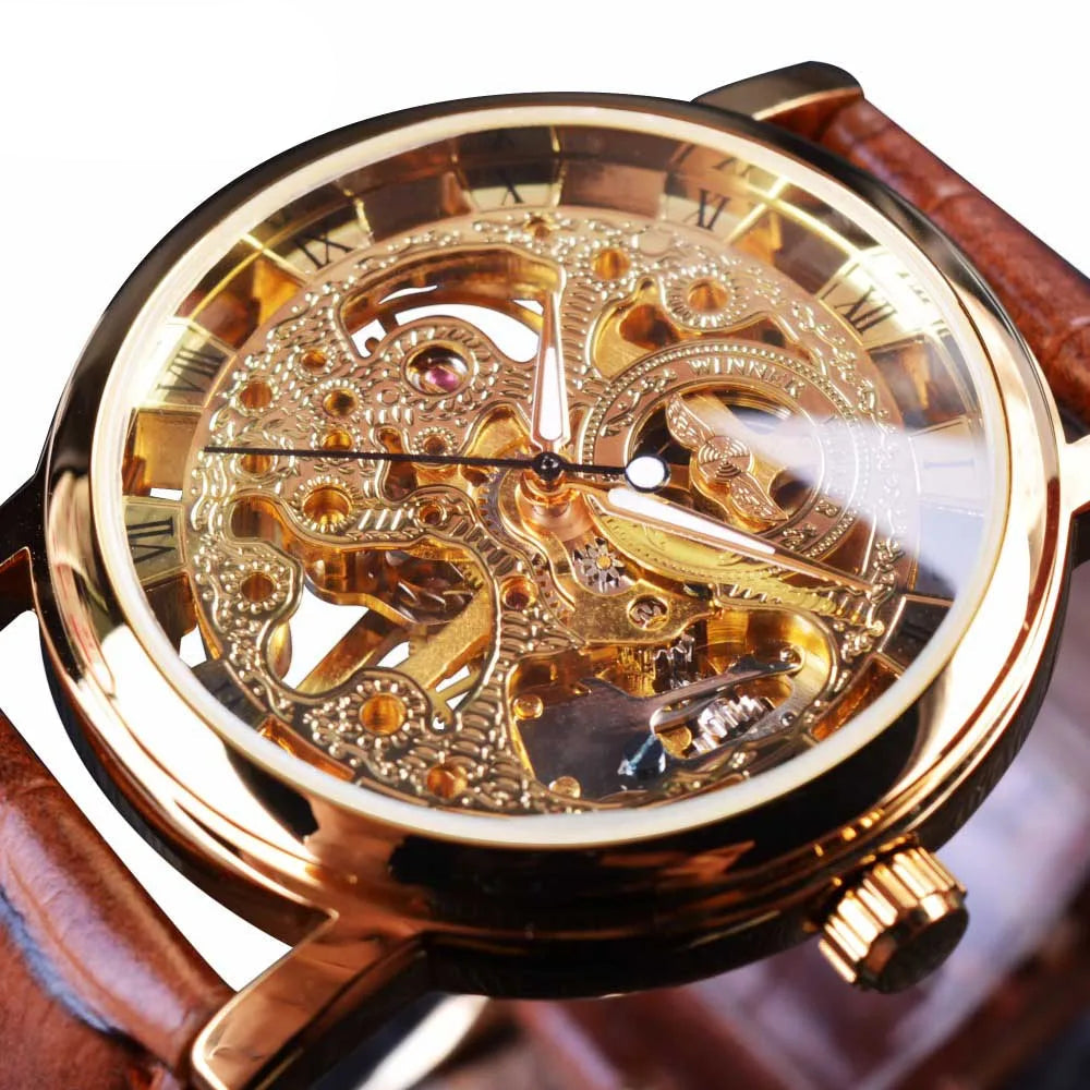 Winner Transparent Fashion Case Luxury Casual Design Leather Strap Mens Watches Top Brand Luxury Mechanical Skeleton Watch