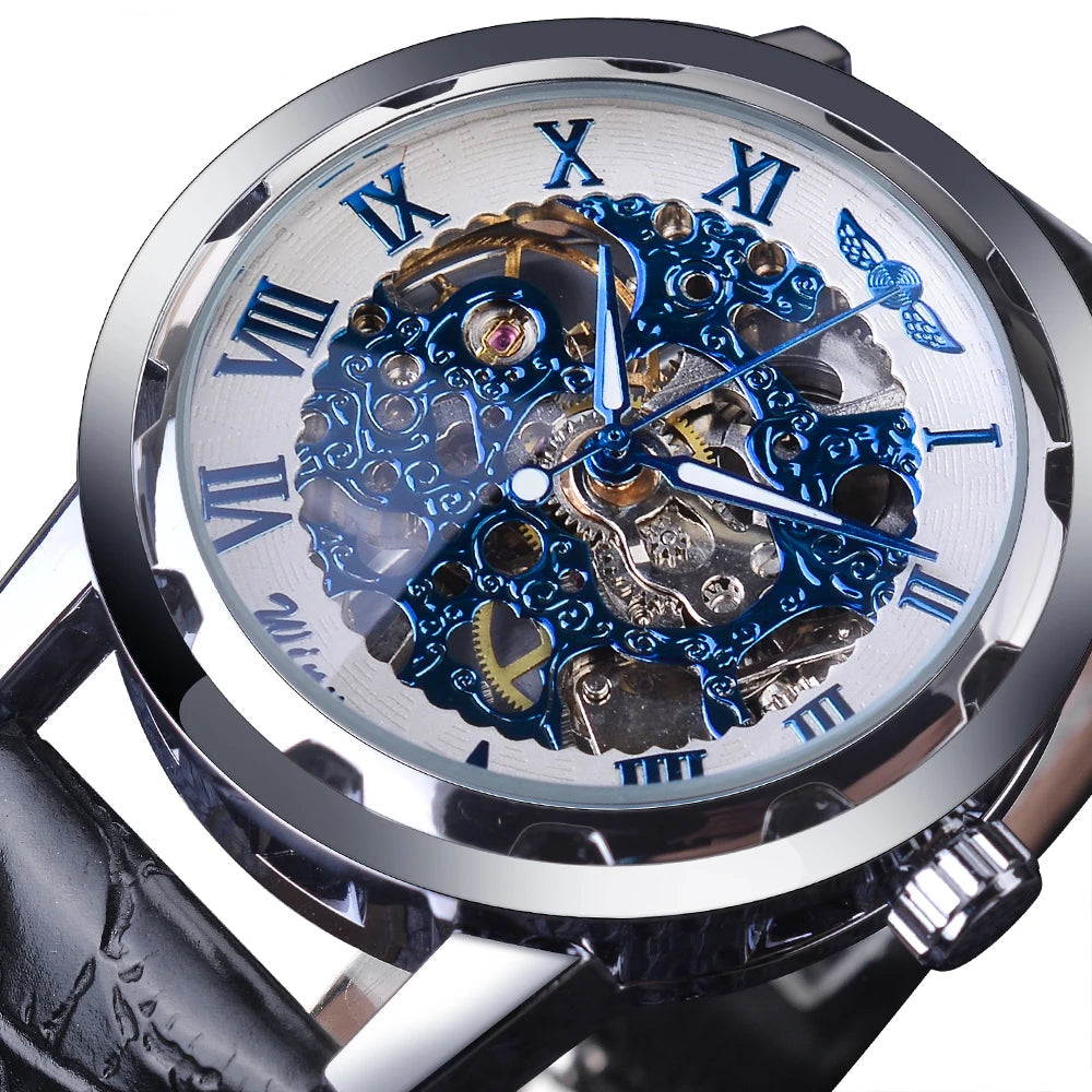 William Wangen: Winner Black Gold Male Clock Men Relogios Skeleton Mens Watches Top Brand Luxury Montre Leather Wristwatch Men Mechanical Watch