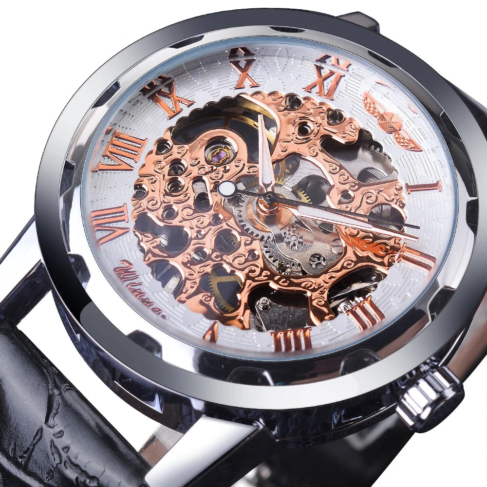 William Wangen: Winner Black Gold Male Clock Men Relogios Skeleton Mens Watches Top Brand Luxury Montre Leather Wristwatch Men Mechanical Watch