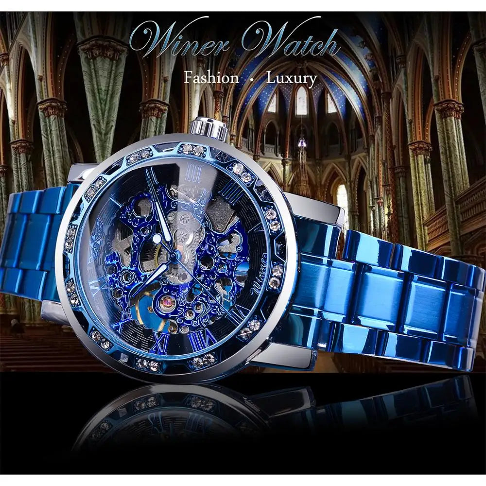 Winner Transparent Diamond Design Blue Mechanical Watch Men Stainless Steel Band Skeleton Watch Top Brand Luxury Luminous Clock