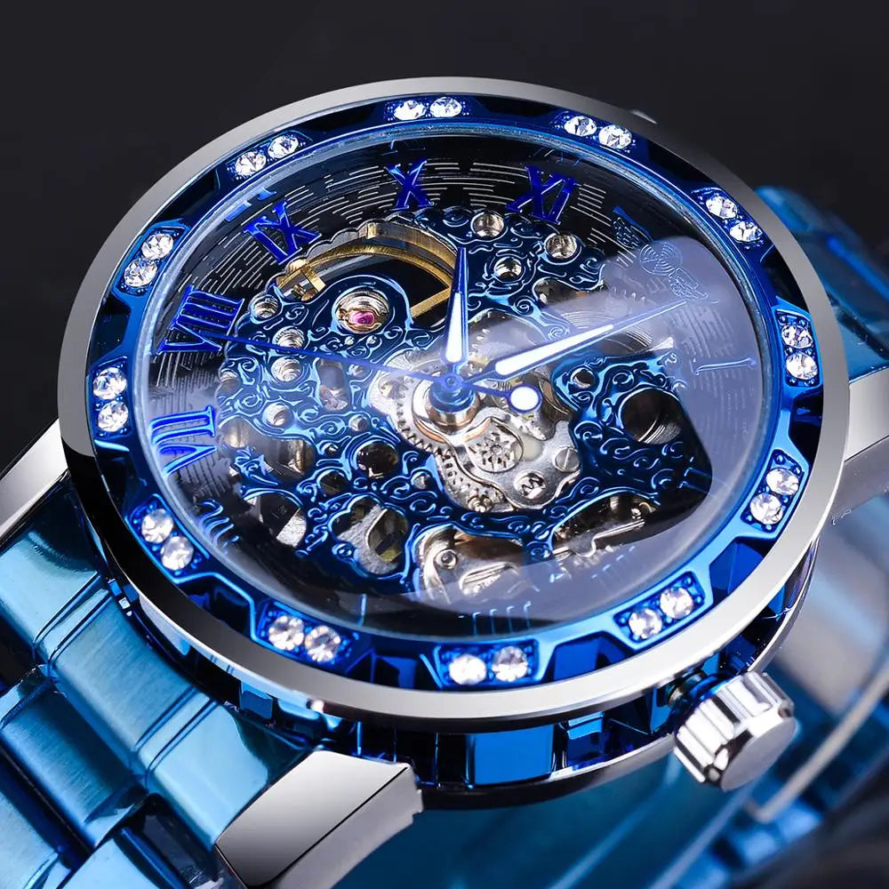 Winner Transparent Diamond Design Blue Mechanical Watch Men Stainless Steel Band Skeleton Watch Top Brand Luxury Luminous Clock