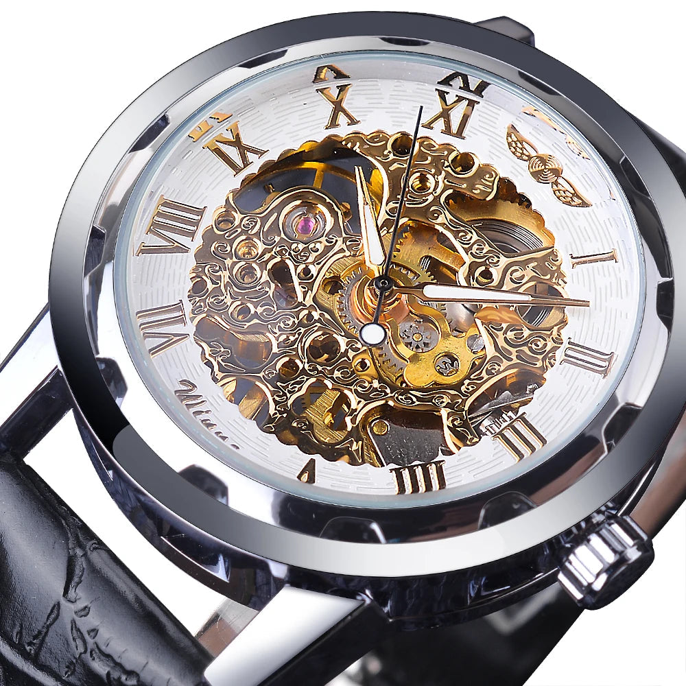 William Wangen: Winner Black Gold Male Clock Men Relogios Skeleton Mens Watches Top Brand Luxury Montre Leather Wristwatch Men Mechanical Watch