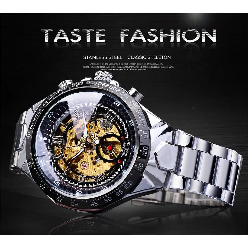 Winner Classic Series Golden Movement Steel Mens Skeleton Man Wrist Watch Mechanical Top Brand Luxury Fashion Automatic Watches