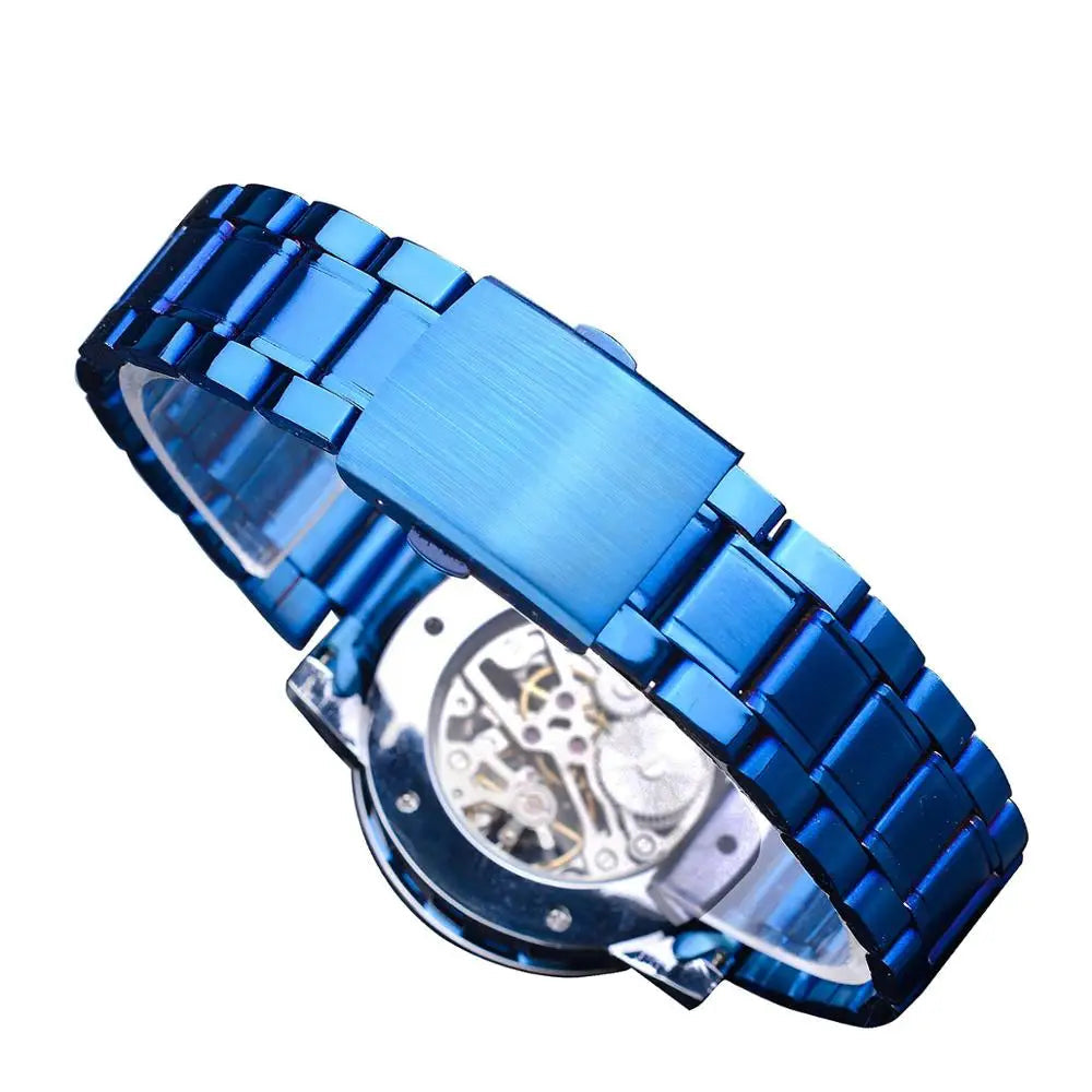 Winner Transparent Diamond Design Blue Mechanical Watch Men Stainless Steel Band Skeleton Watch Top Brand Luxury Luminous Clock