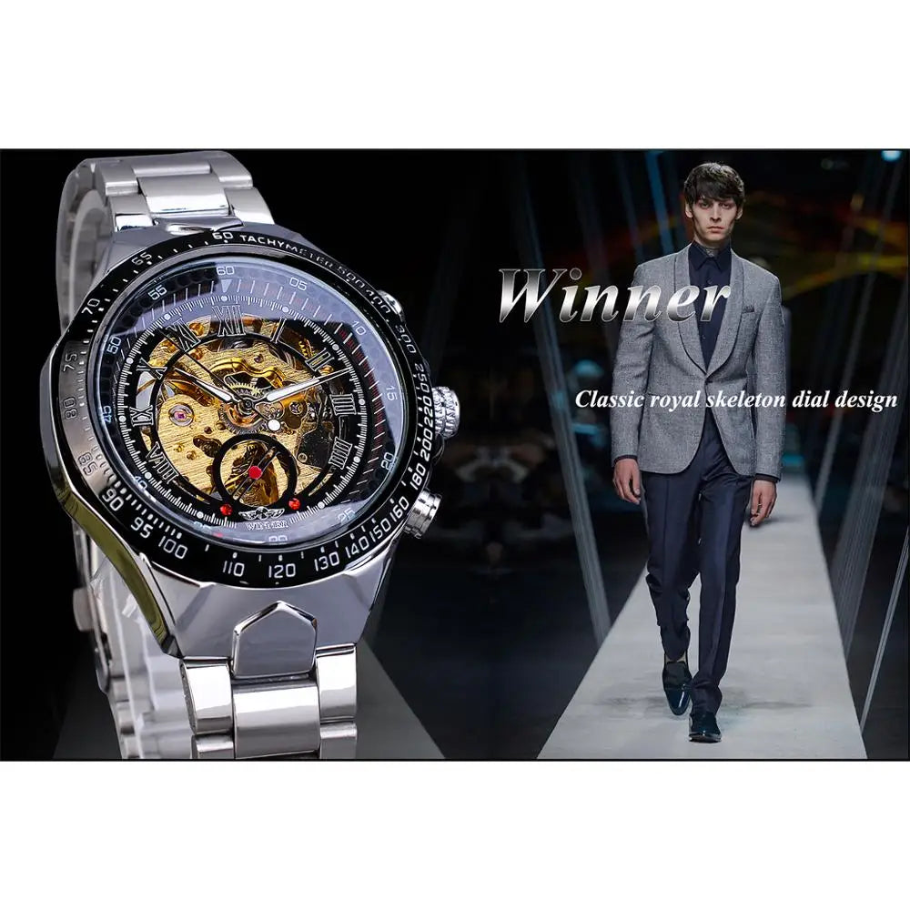 Winner Classic Series Men's Skeleton Man Wrist Watch Golden Movement Steel Mechanical Top Brand Luxury Fashion Automatic Watches