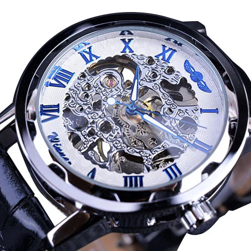 William Wangen: Winner Black Gold Male Clock Men Relogios Skeleton Mens Watches Top Brand Luxury Montre Leather Wristwatch Men Mechanical Watch