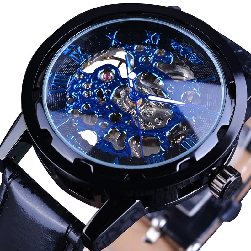 William Wangen: Winner Black Gold Male Clock Men Relogios Skeleton Mens Watches Top Brand Luxury Montre Leather Wristwatch Men Mechanical Watch