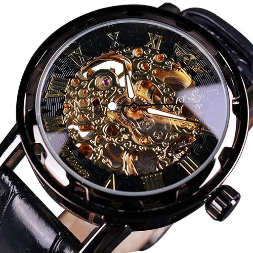 William Wangen: Winner Black Gold Male Clock Men Relogios Skeleton Mens Watches Top Brand Luxury Montre Leather Wristwatch Men Mechanical Watch