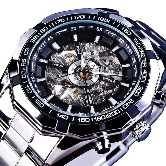 Forsining Sport Racing Series Skeleton Stainless Steel Black Golden Dial Top Brand Luxury Watches Men Automatic Watch Clock Men