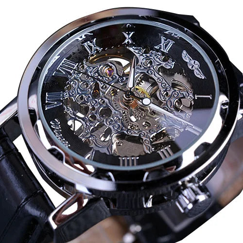 William Wangen: Winner Black Gold Male Clock Men Relogios Skeleton Mens Watches Top Brand Luxury Montre Leather Wristwatch Men Mechanical Watch