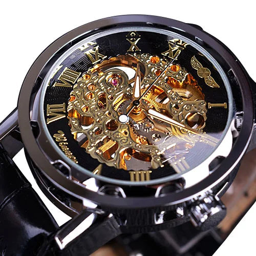 William Wangen: Winner Black Gold Male Clock Men Relogios Skeleton Mens Watches Top Brand Luxury Montre Leather Wristwatch Men Mechanical Watch