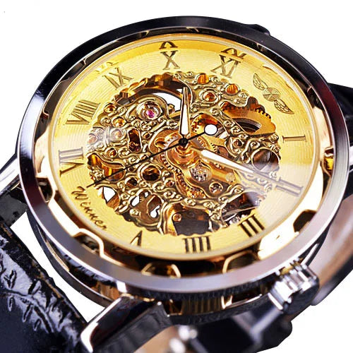 William Wangen: Winner Black Gold Male Clock Men Relogios Skeleton Mens Watches Top Brand Luxury Montre Leather Wristwatch Men Mechanical Watch