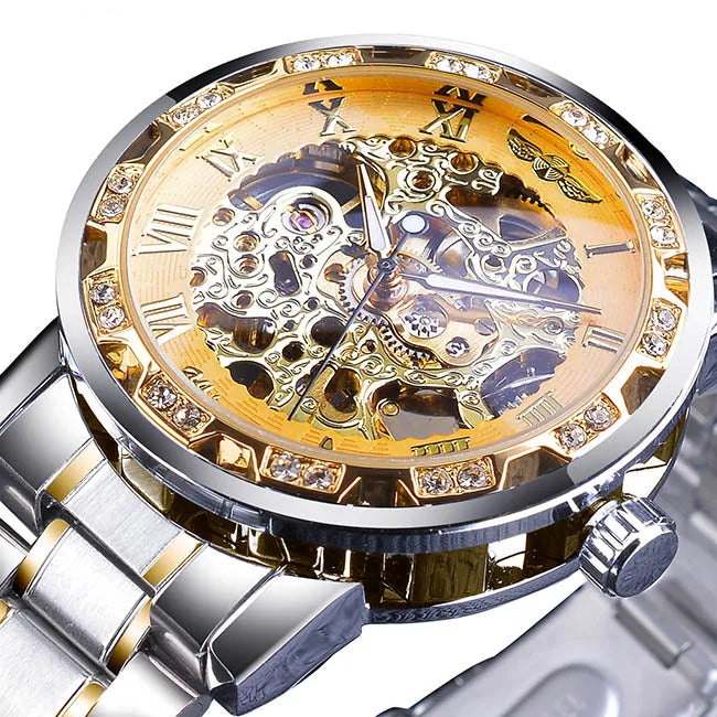 Winner Transparent Diamond Design Blue Mechanical Watch Men Stainless Steel Band Skeleton Watch Top Brand Luxury Luminous Clock