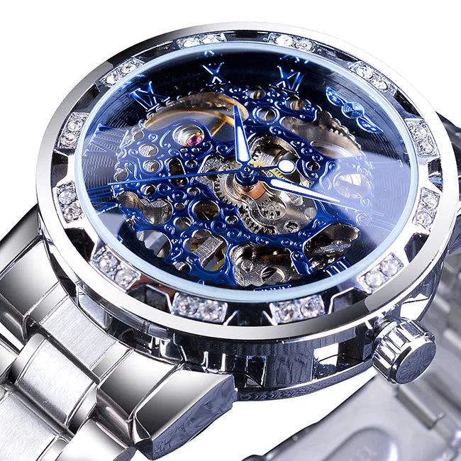 Winner Transparent Diamond Design Blue Mechanical Watch Men Stainless Steel Band Skeleton Watch Top Brand Luxury Luminous Clock