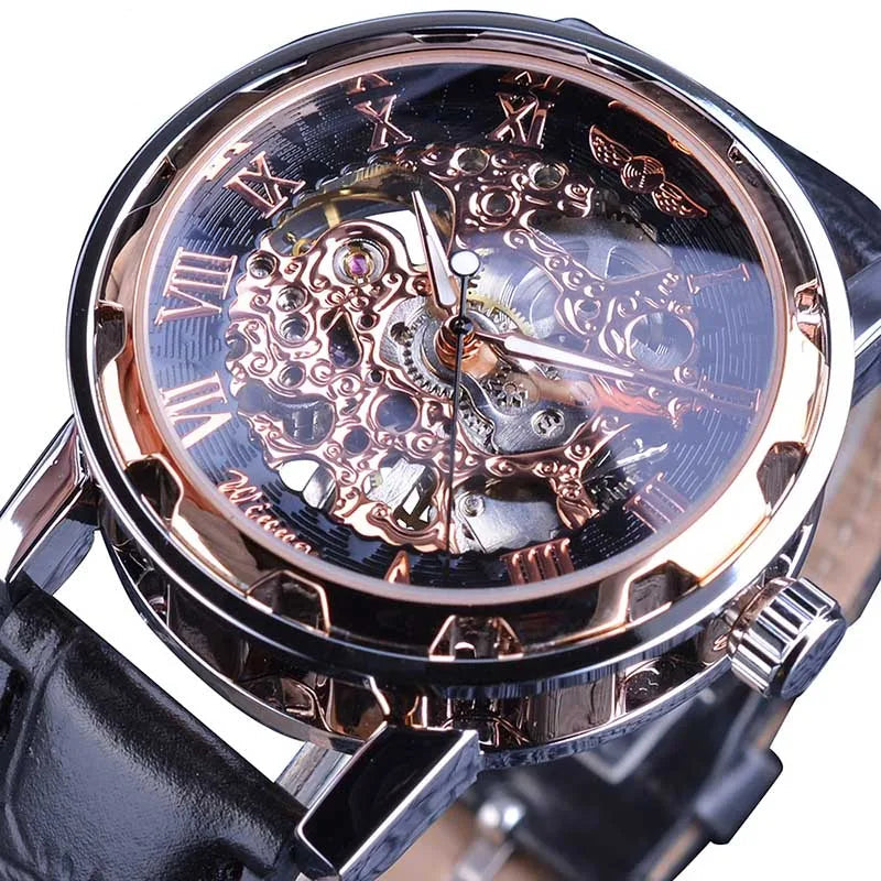 William Wangen: Winner Black Gold Male Clock Men Relogios Skeleton Mens Watches Top Brand Luxury Montre Leather Wristwatch Men Mechanical Watch