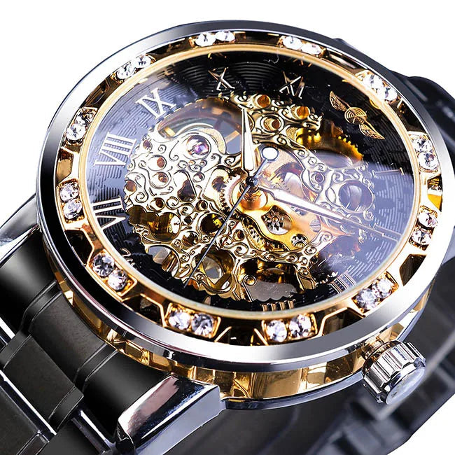 Winner Transparent Diamond Design Blue Mechanical Watch Men Stainless Steel Band Skeleton Watch Top Brand Luxury Luminous Clock