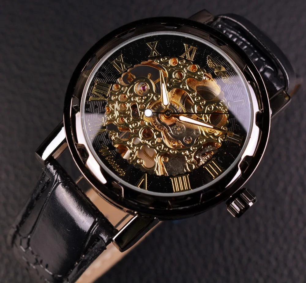 William Wangen: Winner Black Gold Male Clock Men Relogios Skeleton Mens Watches Top Brand Luxury Montre Leather Wristwatch Men Mechanical Watch