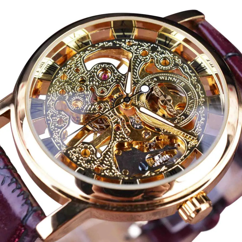 Winner Transparent Fashion Case Luxury Casual Design Leather Strap Mens Watches Top Brand Luxury Mechanical Skeleton Watch