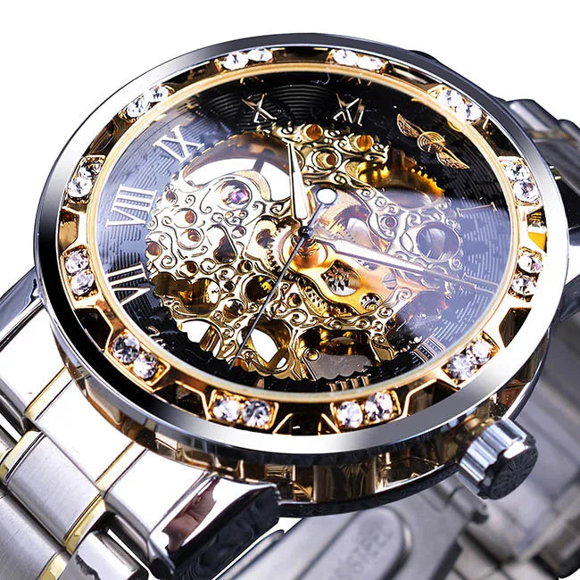 Winner Transparent Diamond Design Blue Mechanical Watch Men Stainless Steel Band Skeleton Watch Top Brand Luxury Luminous Clock