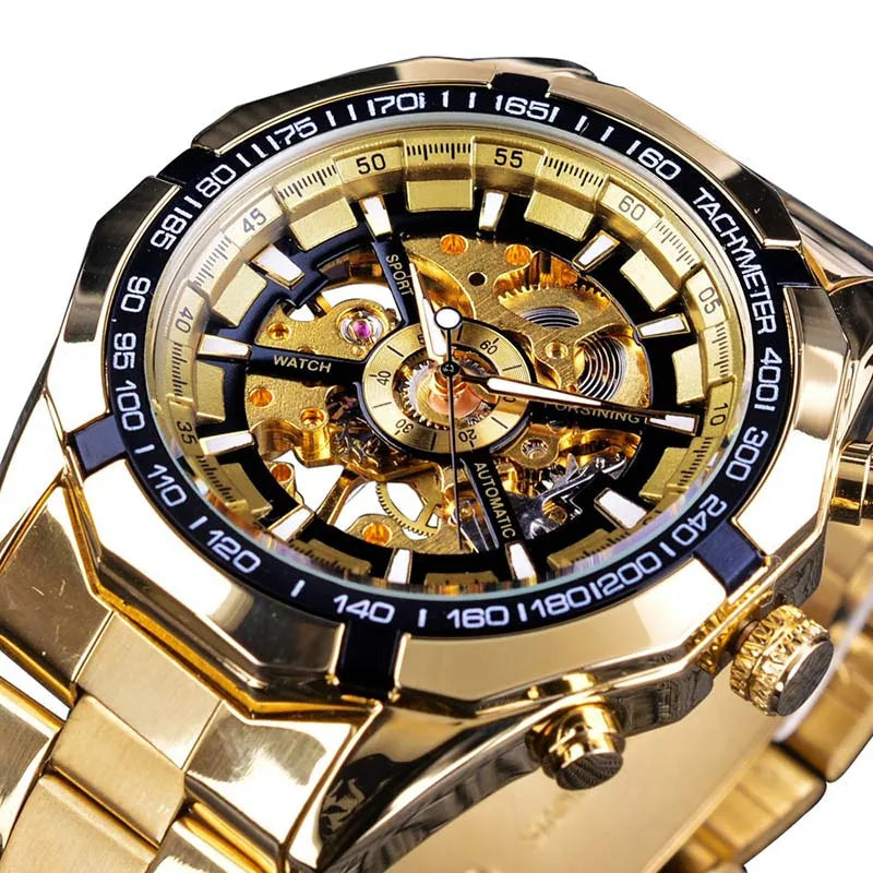 Forsining Sport Racing Series Skeleton Stainless Steel Black Golden Dial Top Brand Luxury Watches Men Automatic Watch Clock Men