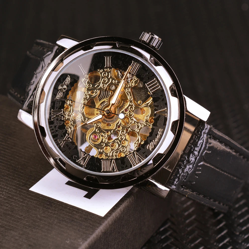 William Wangen: Winner Black Gold Male Clock Men Relogios Skeleton Mens Watches Top Brand Luxury Montre Leather Wristwatch Men Mechanical Watch