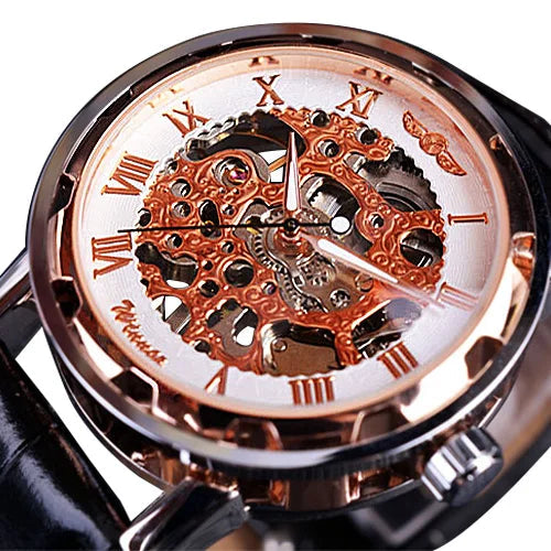 William Wangen: Winner Black Gold Male Clock Men Relogios Skeleton Mens Watches Top Brand Luxury Montre Leather Wristwatch Men Mechanical Watch