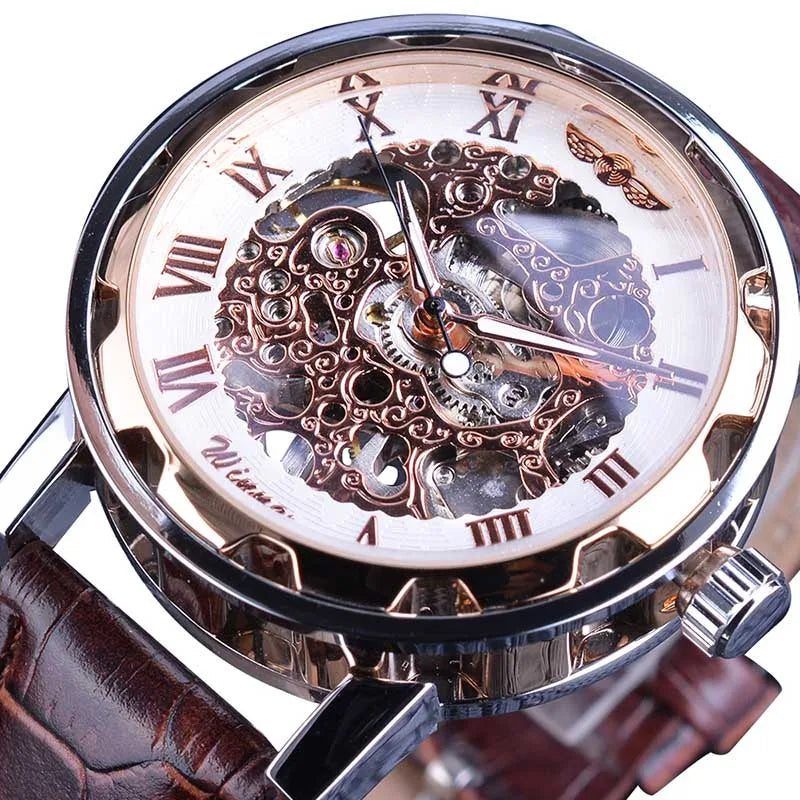 William Wangen: Winner Black Gold Male Clock Men Relogios Skeleton Mens Watches Top Brand Luxury Montre Leather Wristwatch Men Mechanical Watch