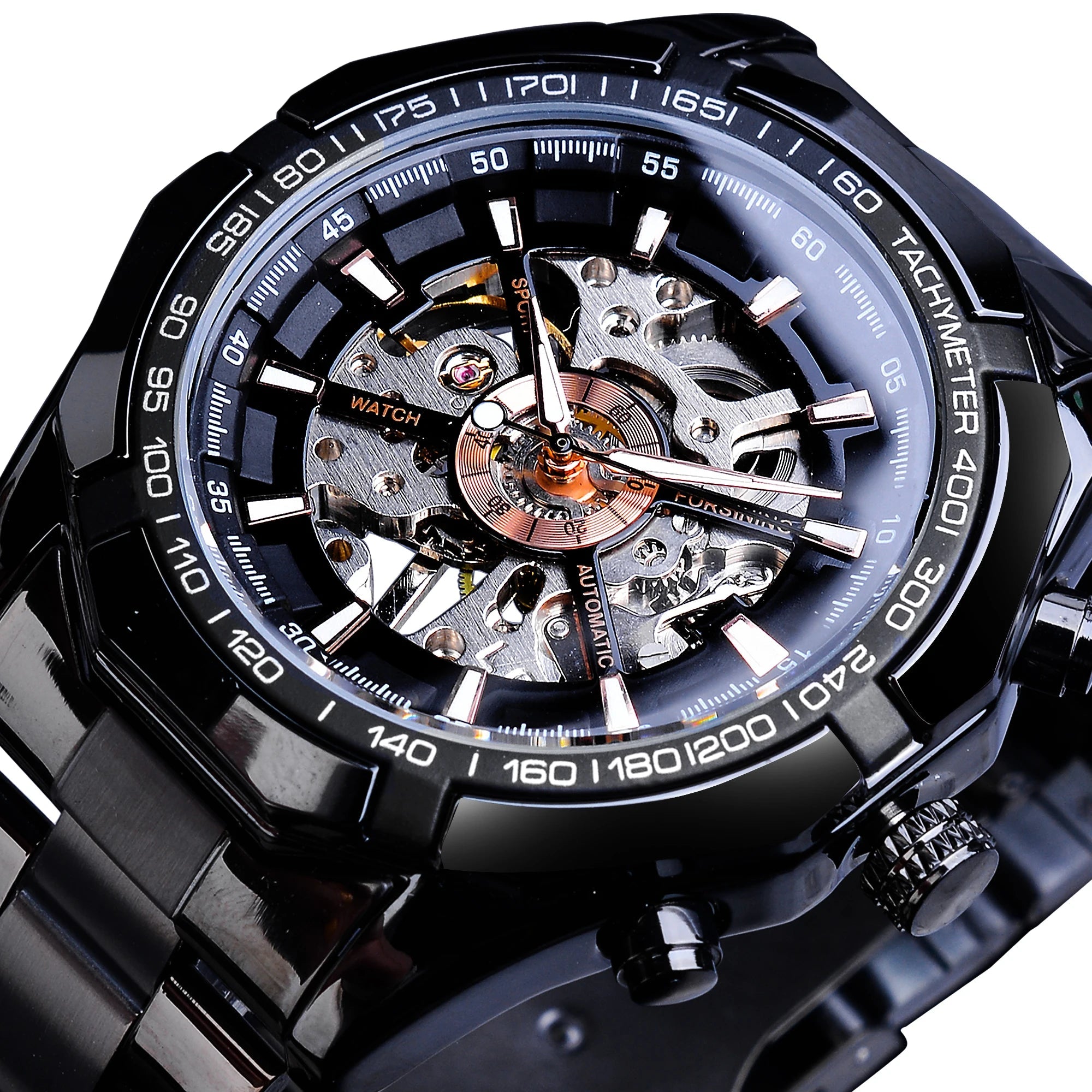 Forsining Sport Racing Series Skeleton Stainless Steel Black Golden Dial Top Brand Luxury Watches Men Automatic Watch Clock Men