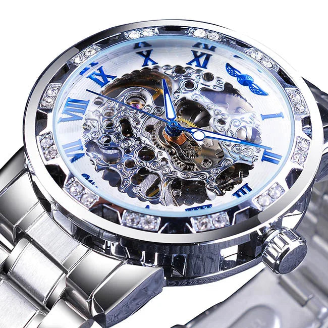 Winner Transparent Diamond Design Blue Mechanical Watch Men Stainless Steel Band Skeleton Watch Top Brand Luxury Luminous Clock