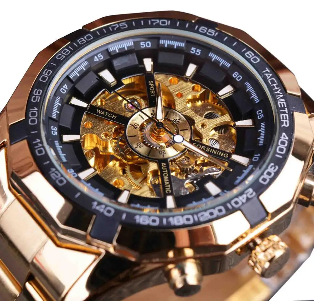 Forsining Sport Racing Series Skeleton Stainless Steel Black Golden Dial Top Brand Luxury Watches Men Automatic Watch Clock Men