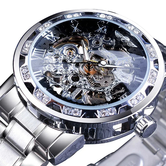 Winner Transparent Diamond Design Blue Mechanical Watch Men Stainless Steel Band Skeleton Watch Top Brand Luxury Luminous Clock