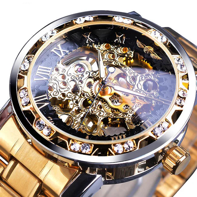 Winner Transparent Diamond Design Blue Mechanical Watch Men Stainless Steel Band Skeleton Watch Top Brand Luxury Luminous Clock