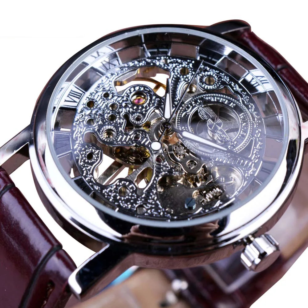 Winner Transparent Fashion Case Luxury Casual Design Leather Strap Mens Watches Top Brand Luxury Mechanical Skeleton Watch