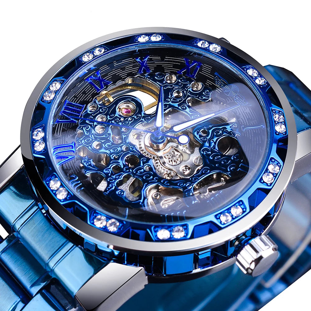 Winner Transparent Diamond Design Blue Mechanical Watch Men Stainless Steel Band Skeleton Watch Top Brand Luxury Luminous Clock