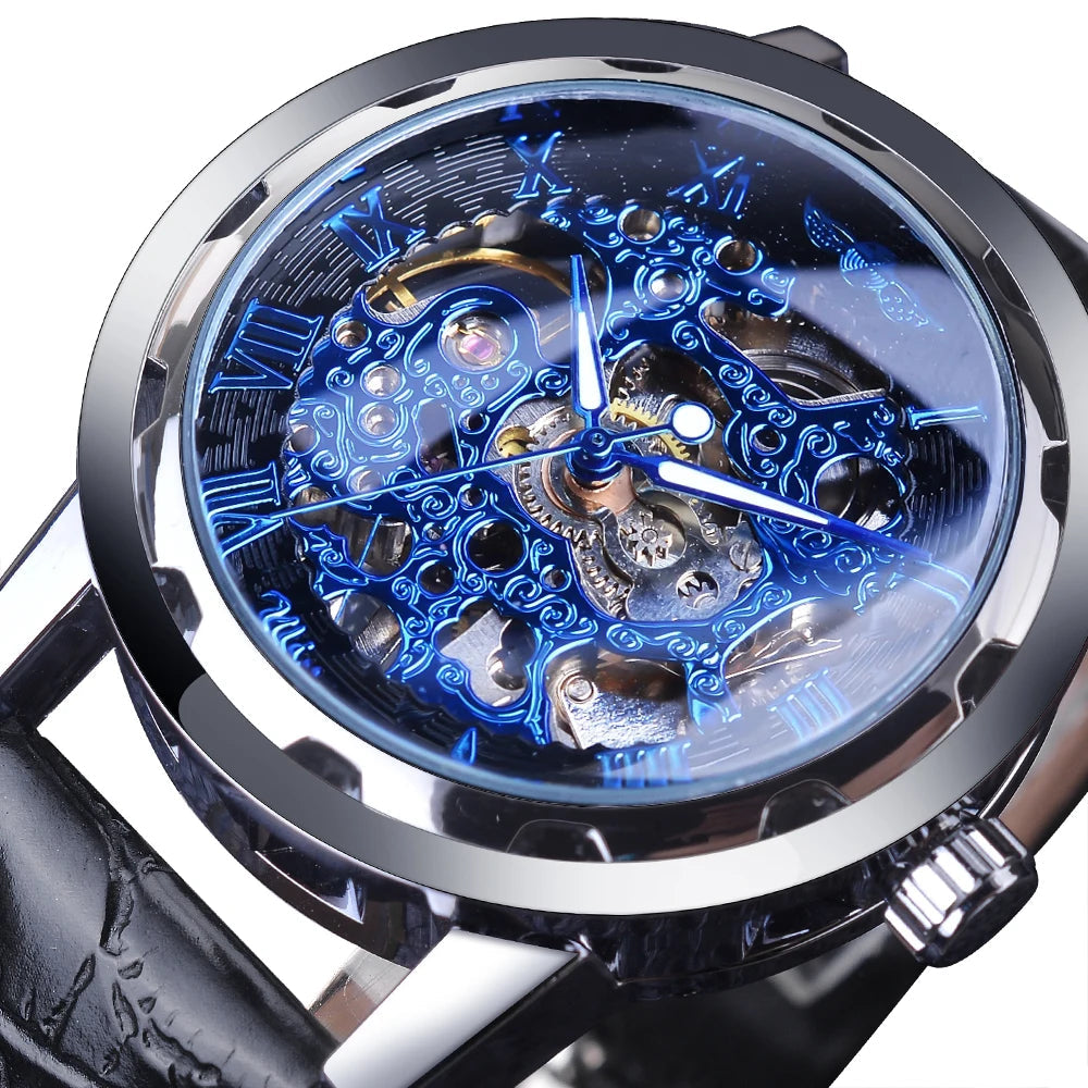 William Wangen: Winner Black Gold Male Clock Men Relogios Skeleton Mens Watches Top Brand Luxury Montre Leather Wristwatch Men Mechanical Watch