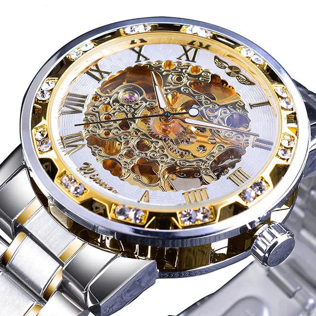 Winner Transparent Diamond Design Blue Mechanical Watch Men Stainless Steel Band Skeleton Watch Top Brand Luxury Luminous Clock