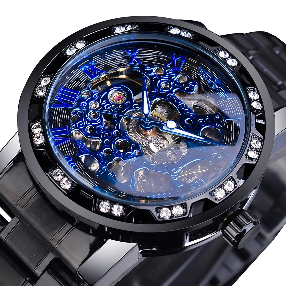 Winner Transparent Diamond Design Blue Mechanical Watch Men Stainless Steel Band Skeleton Watch Top Brand Luxury Luminous Clock