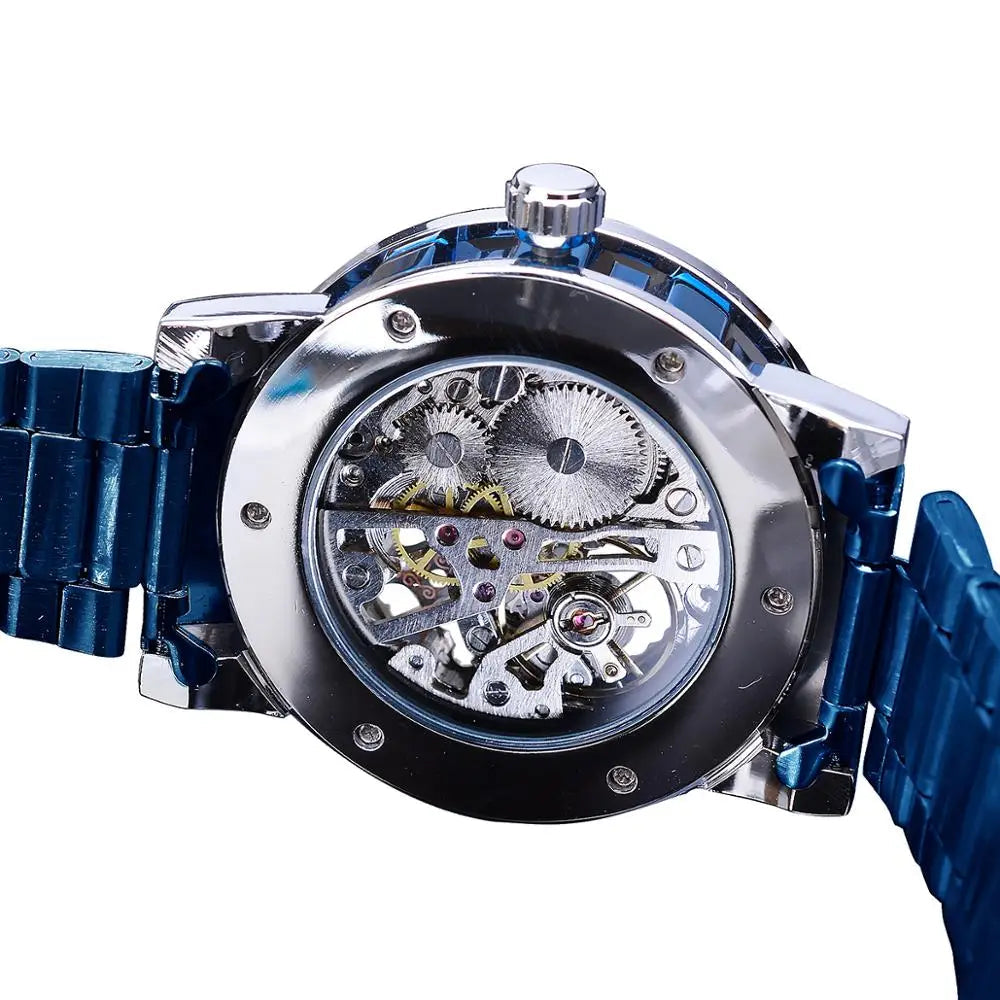 Winner Transparent Diamond Design Blue Mechanical Watch Men Stainless Steel Band Skeleton Watch Top Brand Luxury Luminous Clock