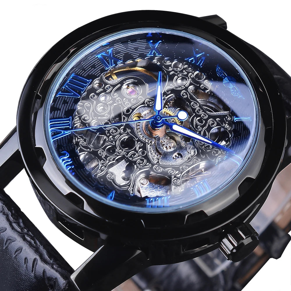 William Wangen: Winner Black Gold Male Clock Men Relogios Skeleton Mens Watches Top Brand Luxury Montre Leather Wristwatch Men Mechanical Watch