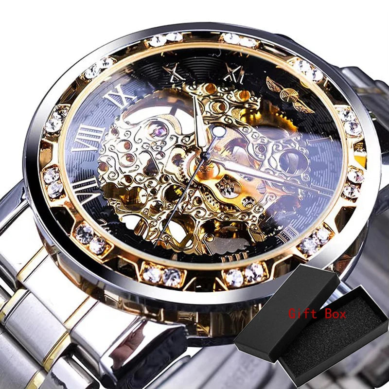 Winner Transparent Fashion Diamond Luminous Gear Movement Royal Design Men Top Brand Luxury Male Mechanical Skeleton Wrist Watch