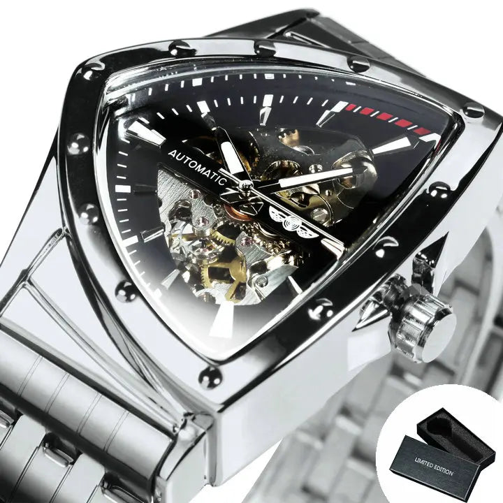 WINNER Military Triangle Skeleton Automatic Watch for Men Sports Luxury Mechanical Watches Gold Stainless Steel Strap Luminous