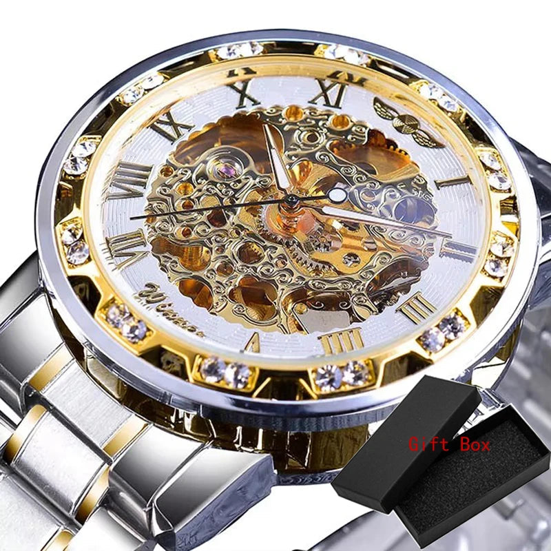 Winner Transparent Fashion Diamond Luminous Gear Movement Royal Design Men Top Brand Luxury Male Mechanical Skeleton Wrist Watch