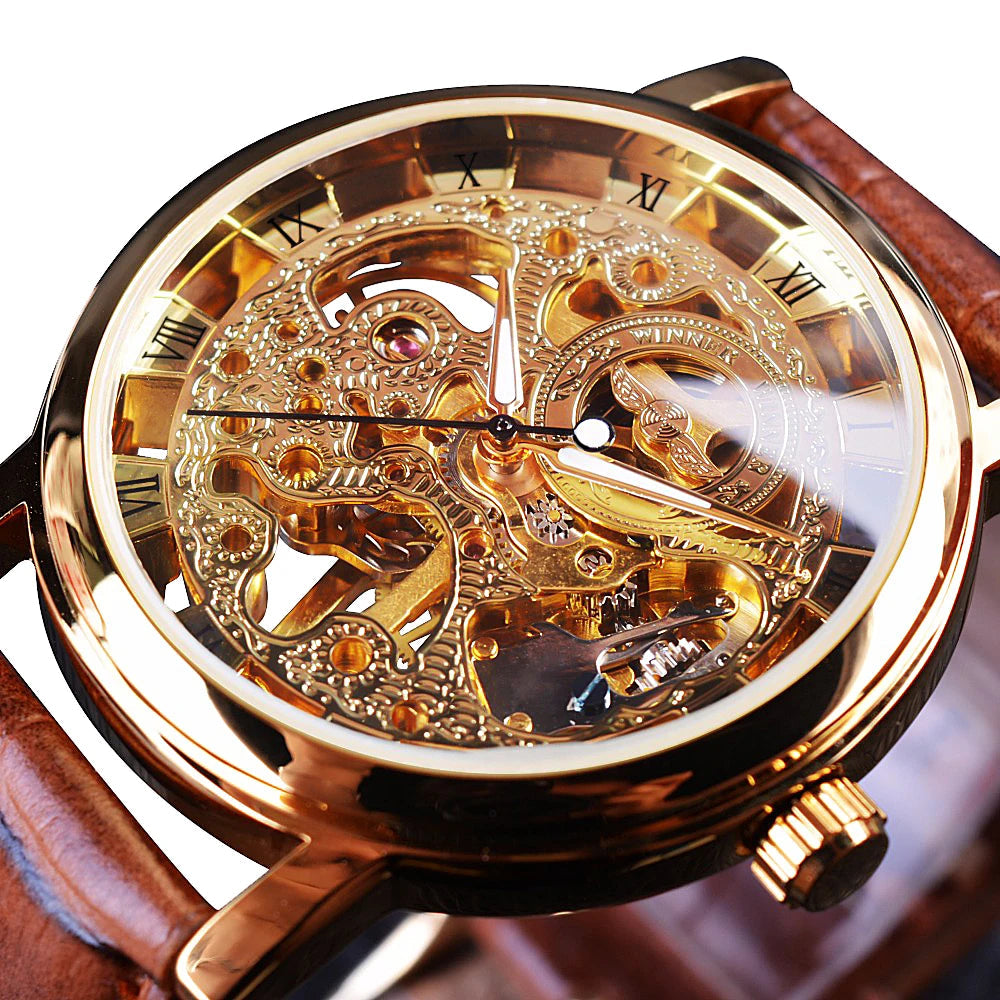 Winner Transparent Fashion Case Luxury Casual Design Leather Strap Mens Watches Top Brand Luxury Mechanical Skeleton Watch