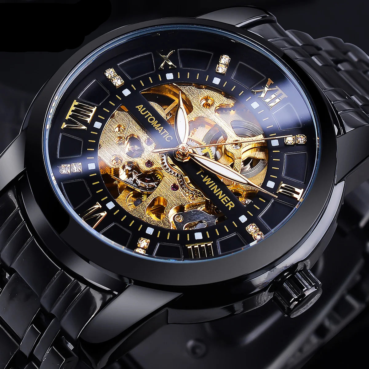 Winner Top Luxury Men Skeleton Automatic Mechanical Watch Business Fashion Rhinestone Luminous Men's Waterproof Wrist Watches