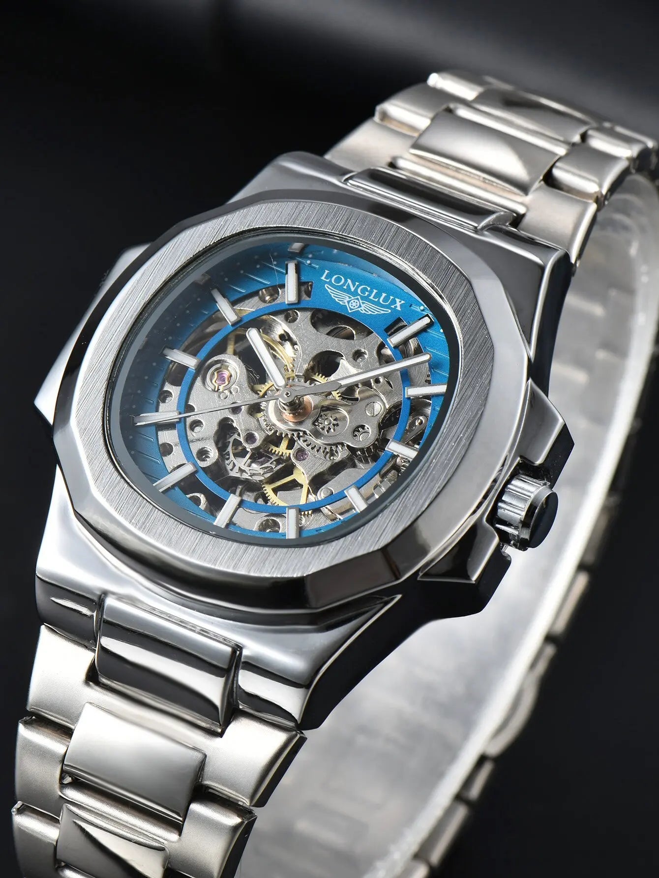 LONGLUX automatic man watch  luxury mechanical wristwatches stainless steel skeleton waterproof  mens watch men gift