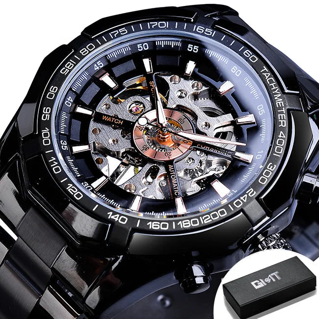 Forsining Sport Racing Series Skeleton Stainless Steel Black Golden Dial Top Brand Luxury Watches Men Automatic Watch Clock Men