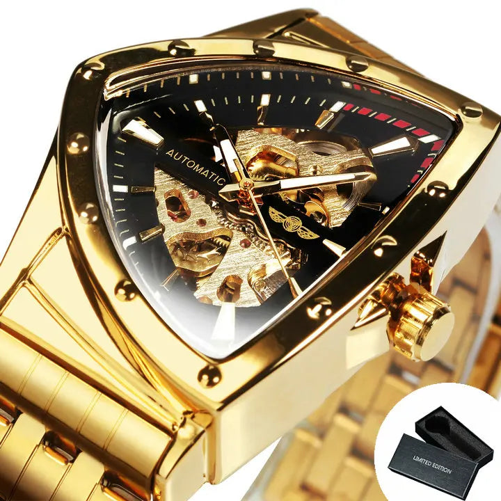 WINNER Military Triangle Skeleton Automatic Watch for Men Sports Luxury Mechanical Watches Gold Stainless Steel Strap Luminous