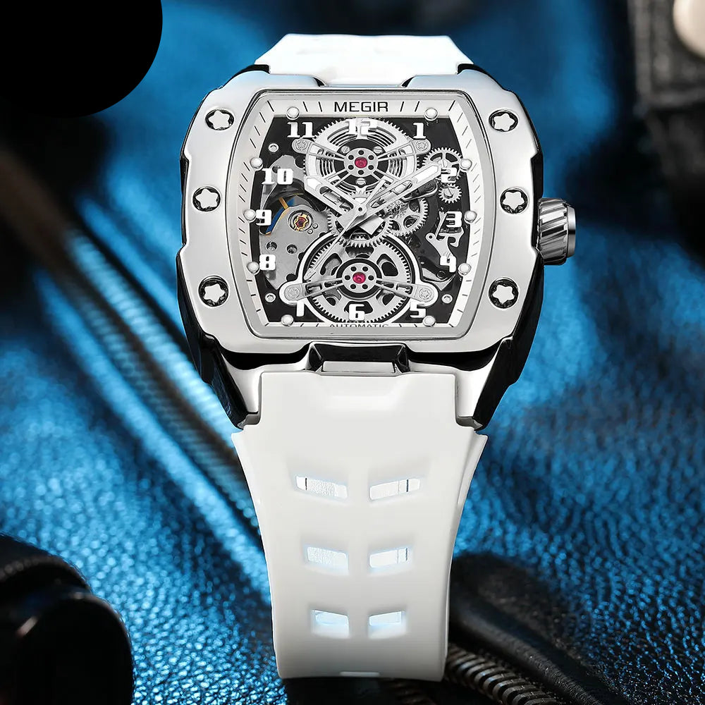 Fashion Megir 8602 Top Brand Sport Automatic Watch Men Waterproof White Silicone Strap Mechanical With Tonneau Hollowed-out Dial